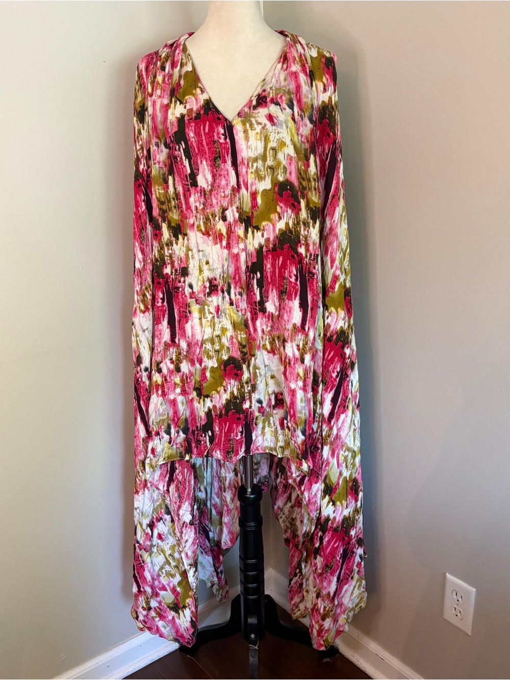Ark & Co High Low Kaftan Tunic Blouse or Dress Abstract Multicolor Flowy Small
